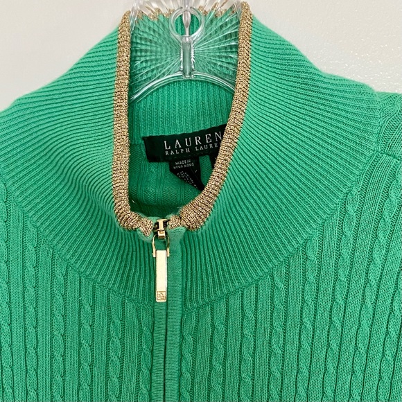 Ralph Lauren Cable Knit Zip Cardigan Sweater  Green Gold Trim Collar Vintage XL - Picture 4 of 10